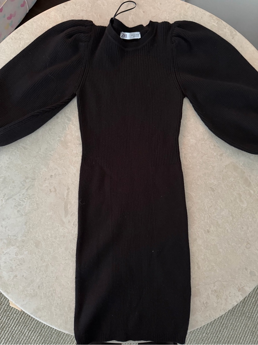 Zara Black Ribbed Midi Dress with Puff Sleeves